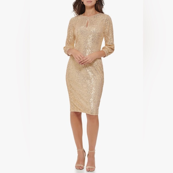 Kensie Women's Sequin Mesh Blouson Sleeve Dress- Gold Size 8 - Picture 1 of 3